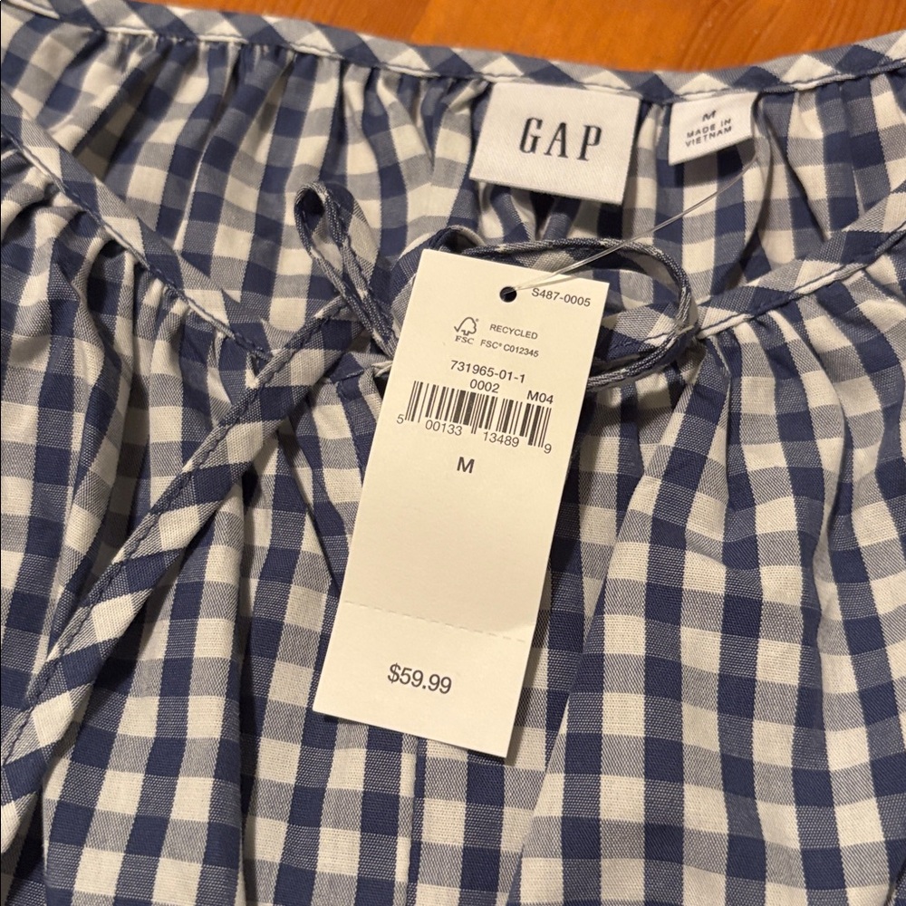 Gap Puff Sleeve Cinched-Waist Top Navy gingham M NWT - Picture 6 of 6